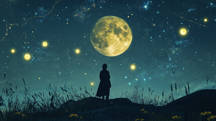 Fototapeta premium As the moon rose higher, the astrologer noted its place in the night sky, comparing it with ancient constellations