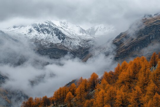 A scenic mountain landscape with autumn foliage and snow-capped peaks shrouded in clouds.