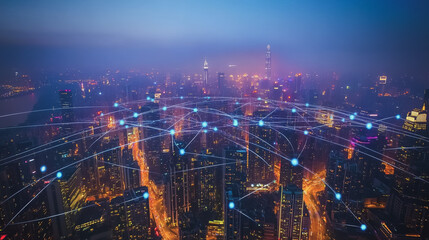 Obraz premium Smart digital Innovation city with connection network reciprocity over the cityscape. of future smart wireless city and social media networking systems that connects business people with in city