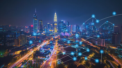 Fototapeta premium Smart digital Innovation city with connection network reciprocity over the cityscape. of future smart wireless city and social media networking systems that connects business people with in city