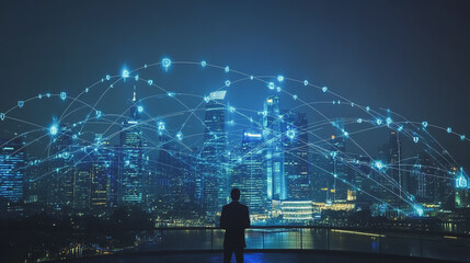 Smart digital Innovation city with connection network reciprocity over the cityscape. of future smart wireless city and social media networking systems that connects business people with in city