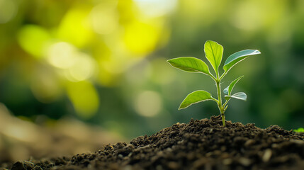Coin pile with small seedlings growing against blurred foliage backdrop symbolizing eco investment and finance