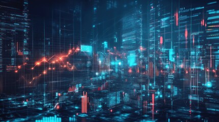 Obraz premium A futuristic cityscape with holographic graphs showing an economic crash,