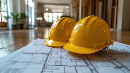 Yellow hard hats on blueprints in a construction site.