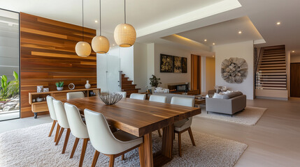 Contemporary dining room with warm wood accents and chic pendant lights ideal for family gatherings