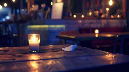 A dark room with a single candle flickering on a wooden table, symbolizing a power outage. The soft glow of the candle highlights scattered items, creating a serene and peaceful atmosphere. Shot in th