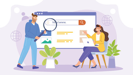 A creative portrayal of a search bar, magnifying glass, and web elements with clean and modern visuals.