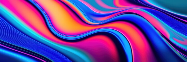 Naklejka premium Vibrant fluid abstract, swirling neon colors, liquid motion, psychedelic waves, holographic textures, iridescent flow, dynamic gradients, surreal digital art, smooth curves, glossy surface, kaleidosco