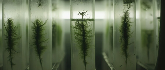 Obraz premium A group of test tubes filled with green liquid containing moss, growing plants, and other vegetation in a laboratory setting, used for microcosm photography in modern scientific research. 