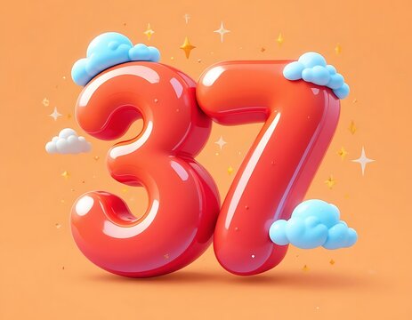 Red Number Thirty Seven Balloon Style Clouds Stars Background