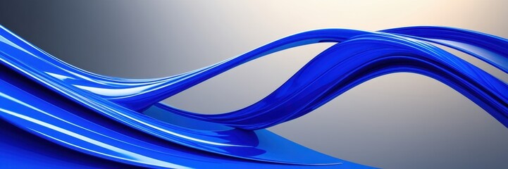 Abstract waves, flowing curves, blue and gold gradient, smooth texture, dynamic composition, digital art, minimalist design, futuristic aesthetic, glossy surface, 3D rendering, fluid motion, panoramic