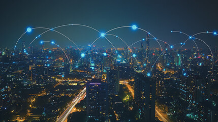 Smart digital Innovation city with connection network reciprocity over the cityscape. of future smart wireless city and social media networking systems that connects business people with in city