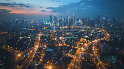 Fototapeta premium Smart digital Innovation city with connection network reciprocity over the cityscape. of future smart wireless city and social media networking systems that connects business people with in city