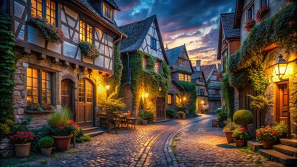 Naklejka premium Enchanting dusk paints a charming European village's cobblestone streets in night's embrace.