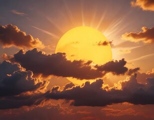 A bright big sun with a stunning and breathtaking yellow orange color in the sky during sunset partially behind a cloud, blue horizon, clouds, sea