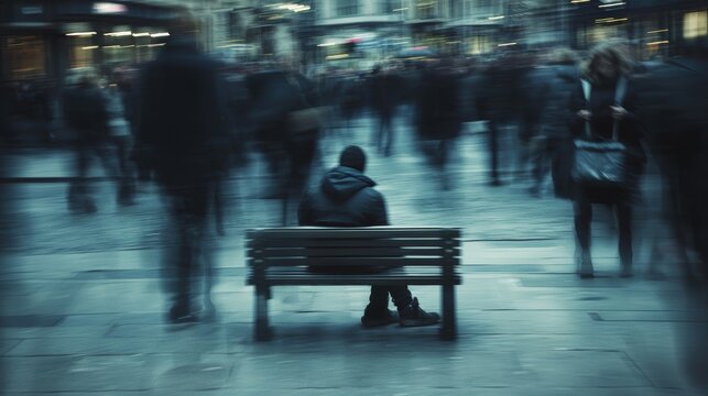 Solitude in the City: Despondent Figure Amidst Bustling Urban Crowd