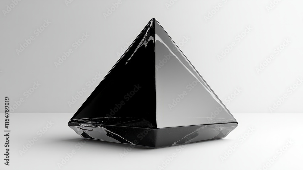 Poster a sharp-edged tetrahedron with a glossy black texture, centered on a white background