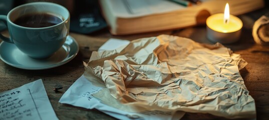 Guilt and Reflection: Crumpled Apology Letter with Coffee and Candle Ambiance
