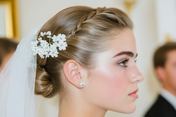Fototapeta premium A bride with an elegant updo hairstyle adorned with small white flowers and a delicate veil in a softly lit wedding setting