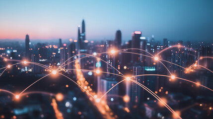 Fototapeta premium Smart digital Innovation city with connection network reciprocity over the cityscape. of future smart wireless city and social media networking systems that connects business people with in city