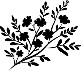 Isolated vector illustration. Stylized branch with leaves and flowers. Vintage floral motif. Black silhouette on white background.