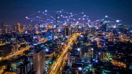 Night cityscape illuminated with digital network connections