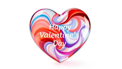 "Happy Valentine's Day" Vibrant glass heart with swirling red, blue, and orange patterns isolated on white background with copy space. Abstract love symbol, Valentine's day card.