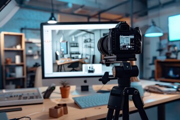 Home Office Setup with Camera and Computer Screen