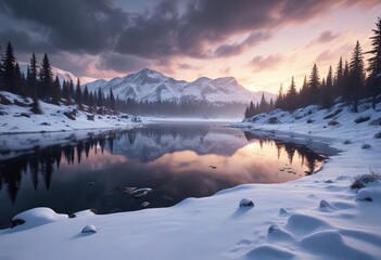 A snow-covered lake with a blizzard in the background and a darkening sky, sky, water