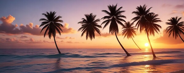 Obraz premium A tranquil and colorful scene featuring palm trees on a sun-kissed sea at sunset, calm waters, serene, palm trees