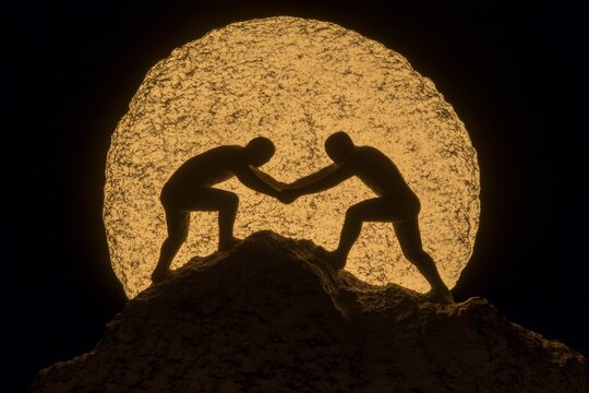 A clean, stylized silhouette of a person pulling another up a hill, emphasizing teamwork and help using simple forms