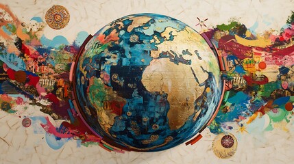 Globally Inspired Abstract Painting Featuring a Golden Earth