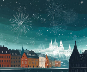 Illustration of Festive Eastern European Cityscape with Fireworks