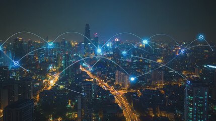 Obraz premium Smart digital Innovation city with connection network reciprocity over the cityscape. of future smart wireless city and social media networking systems that connects business people with in city