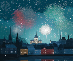 Illustration of Festive Eastern European Cityscape with Fireworks