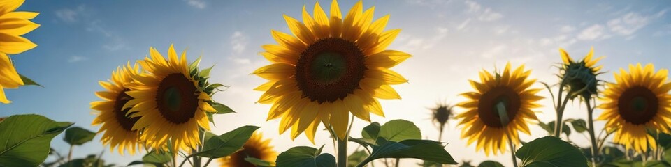 Obraz premium Beautiful sunflower blooms against a clear blue sky with gentle morning light, garden, sunny