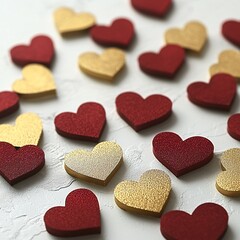 Fototapeta premium Scattered Gold and Red Heart Decorations on White Surface