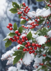 Bright red berries on a snow-covered winterberry holly branch, ildanthe, frosty landscape