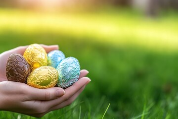 Fototapeta premium Colorful Easter Eggs, intricately decorated and vibrant, are lovingly gathered in gentle hands on a lush and verdant green lawn, all while joyful springtime celebrations bloom around us