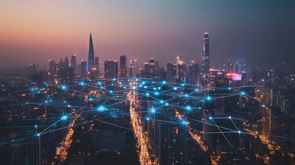 Smart digital Innovation city with connection network reciprocity over the cityscape. of future smart wireless city and social media networking systems that connects business people with in city