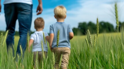 Fototapeta premium Father and Two Sons Walking Through a Wheat Field