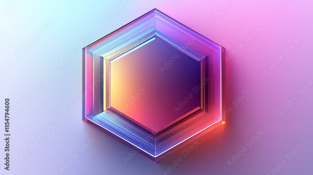 Poster a vibrant hexagon shape with sharp edges and a metallic texture, placed on a white background