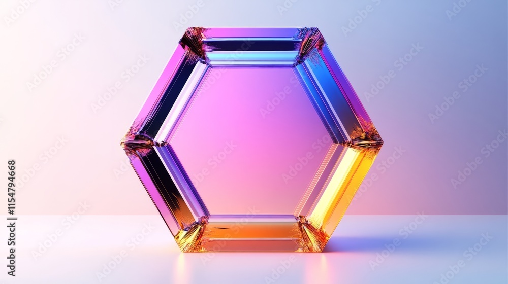 Poster a vibrant hexagon shape with sharp edges and a metallic texture, placed on a white background