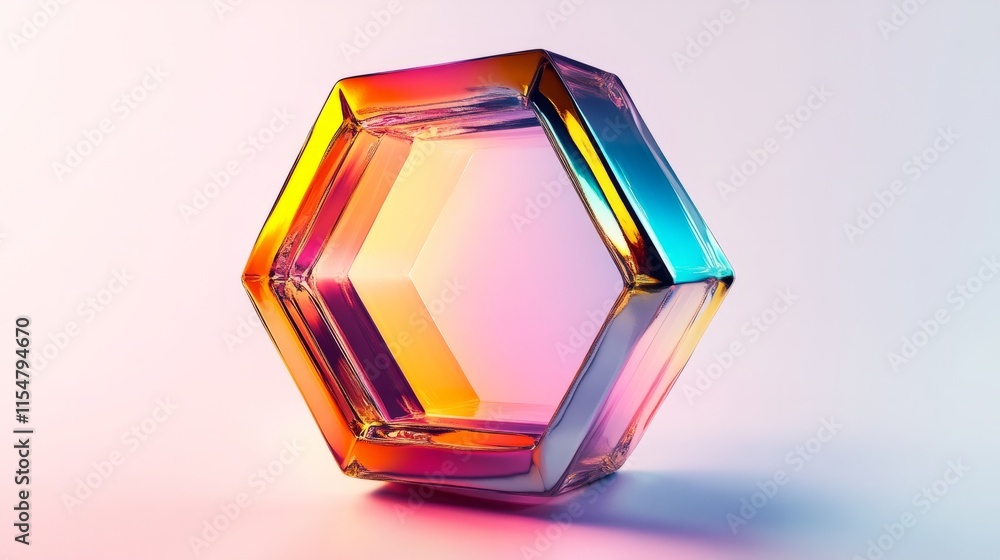 Poster a vibrant hexagon shape with sharp edges and a metallic texture, placed on a white background