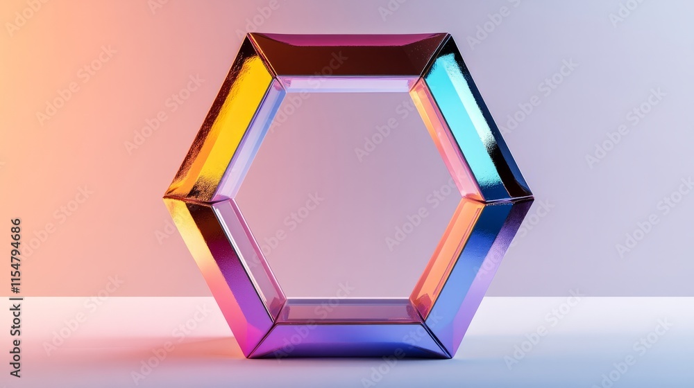 Poster a vibrant hexagon shape with sharp edges and a metallic texture, placed on a white background