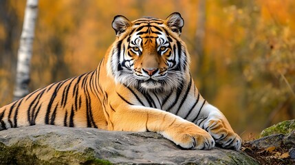 Majestic Siberian Tiger resting on a rock. Autumn forest background.