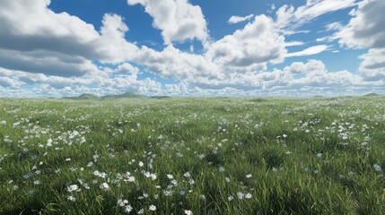 Fototapeta premium Lush Green Meadow with White Flowers and Expansive Blue Sky