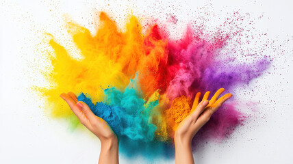 Holi Festival concept. Colorful powder bursts from hands in vibrant display