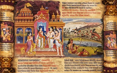 Obraz premium Indian mythological painting depicting religious figures and scenes.