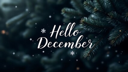 Beautiful Background with green pine tree brunch and lettering Hello December. Trendy moody dark toned Vintage December design. Natural winter holiday forest backdrop